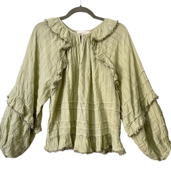 Love the Label Tops - Love The Label Top Women S Green Boho Bishop Sleeve Crochet Trim Light Oversized